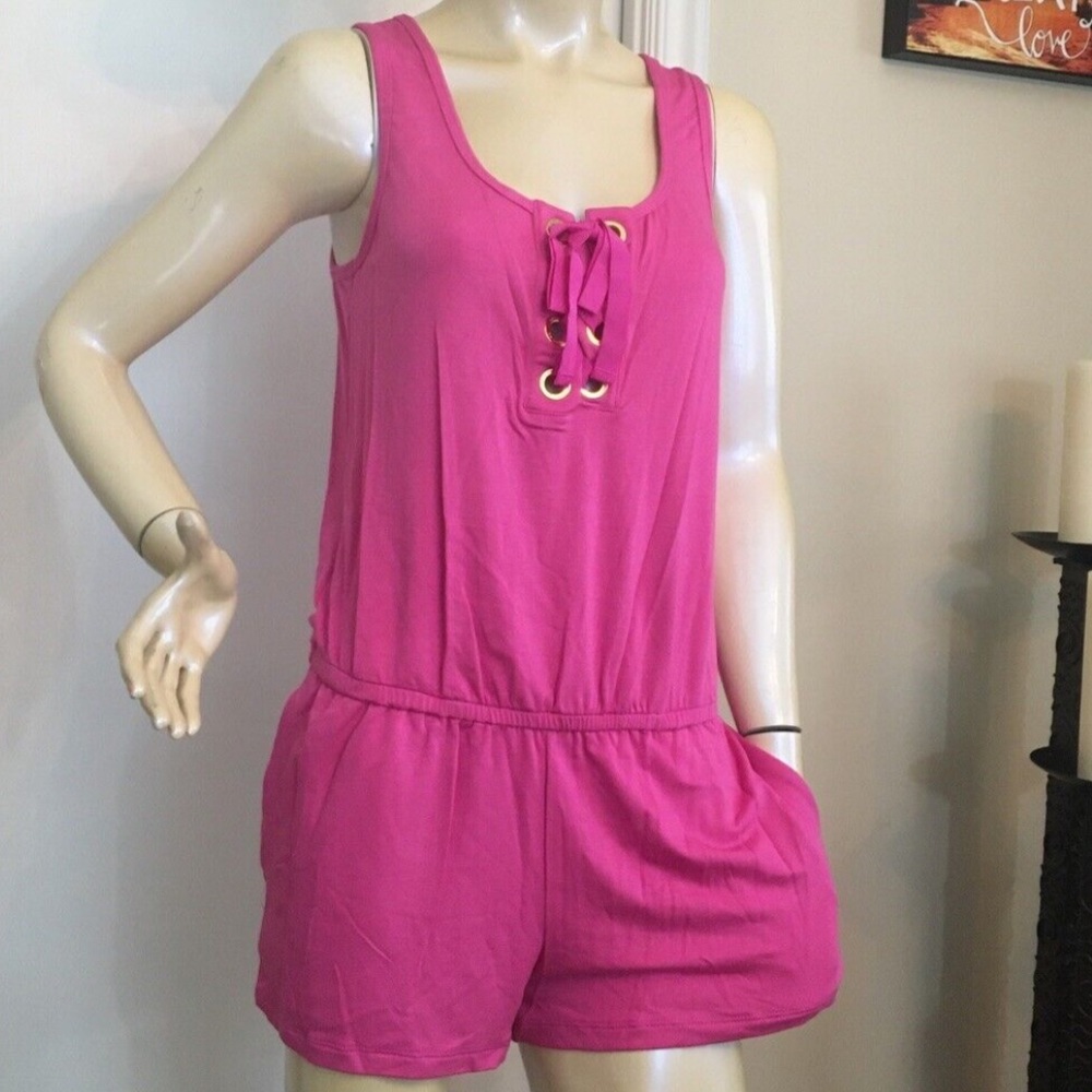 Trina Turk Hot Pink Sleeveless Romper with Lace-Up Neck